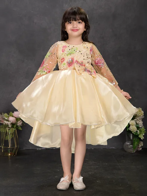 Cream tissue silk frock with embroidery and sequins work