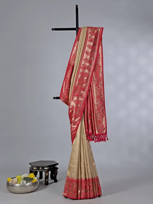 Cream tissue silk saree with zari weaving