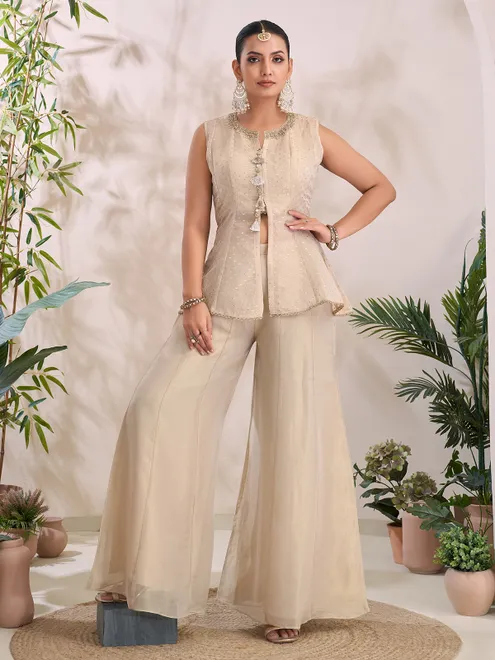 Cream tissue silk sleeveless palazzo suit with sequins detailing