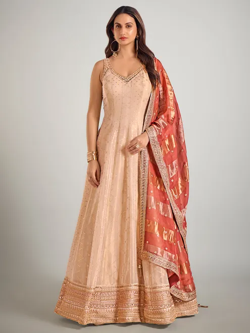Cream tissue silk wedding anarkali suit