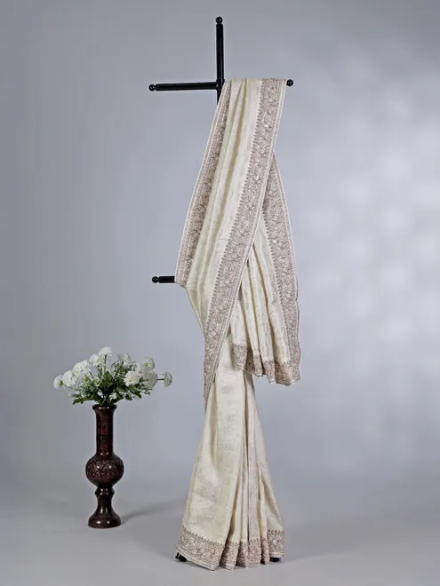 Cream tissue silk zardosi work saree