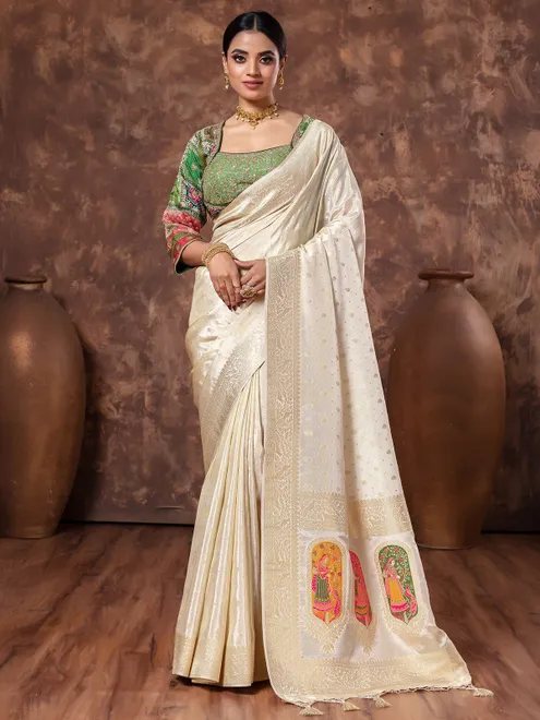 Cream tissue silk zari weaving saree