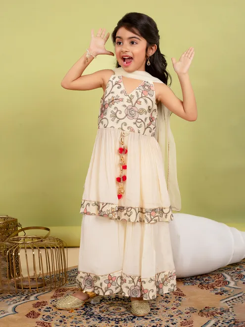 Cream V neck palazzo suit in soft chiffon