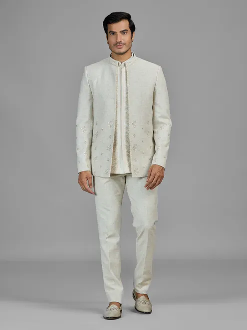Cream wedding wear linen jodhpuri suit