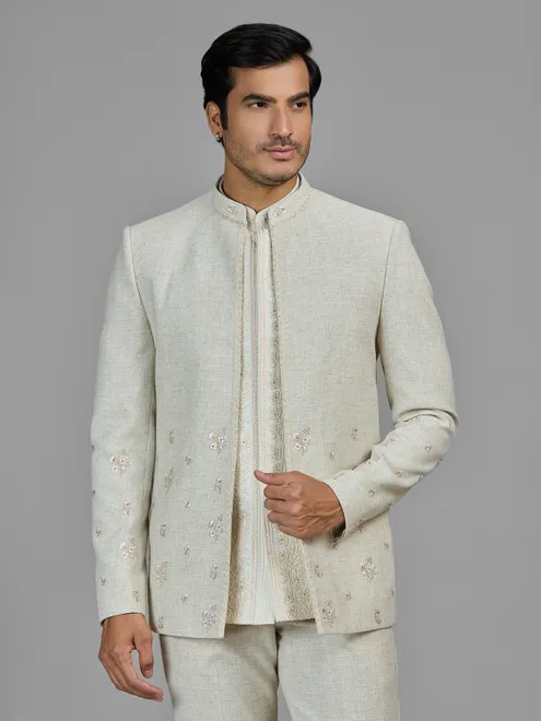 Cream wedding wear linen jodhpuri suit