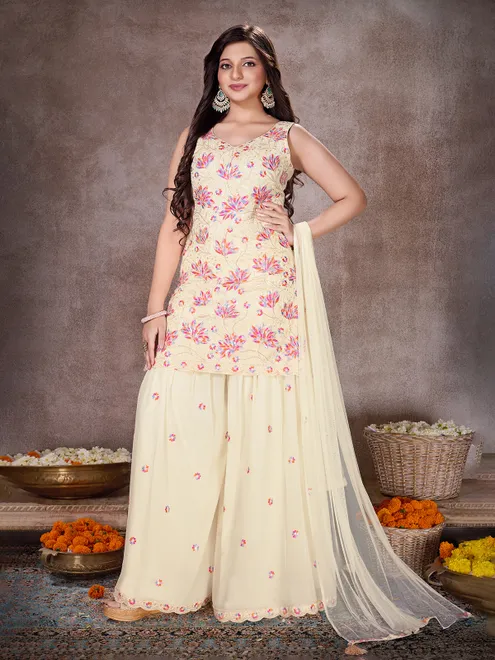 Cream wedding wear palazzo suit in chiffon