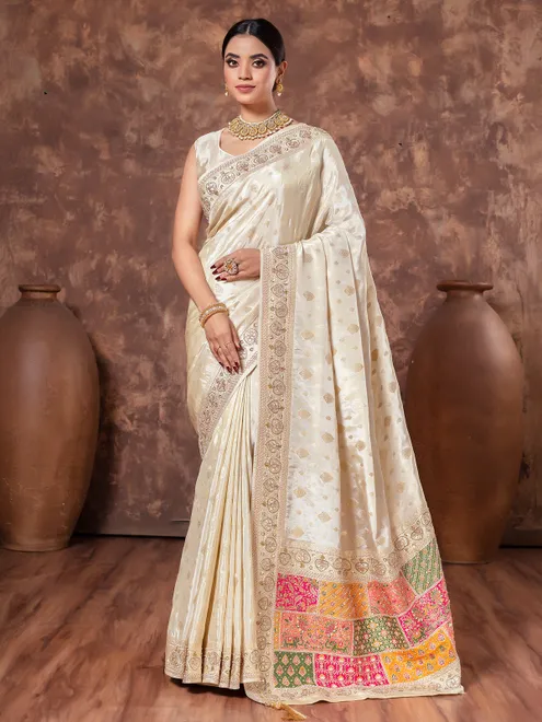 Cream wedding wear saree in tissue silk