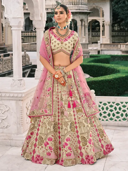 Cream wedding wear silk lehenga choli for women