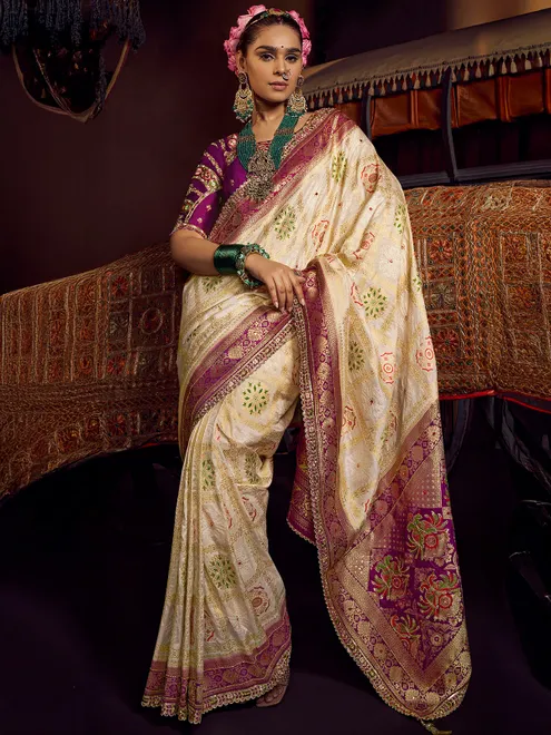 Cream wedding wear silk saree for wedding wear