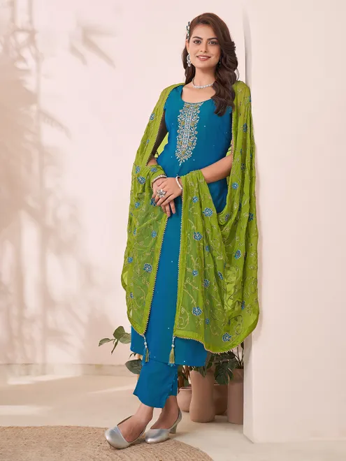 Dark aqua silk salwar suit with embellishments