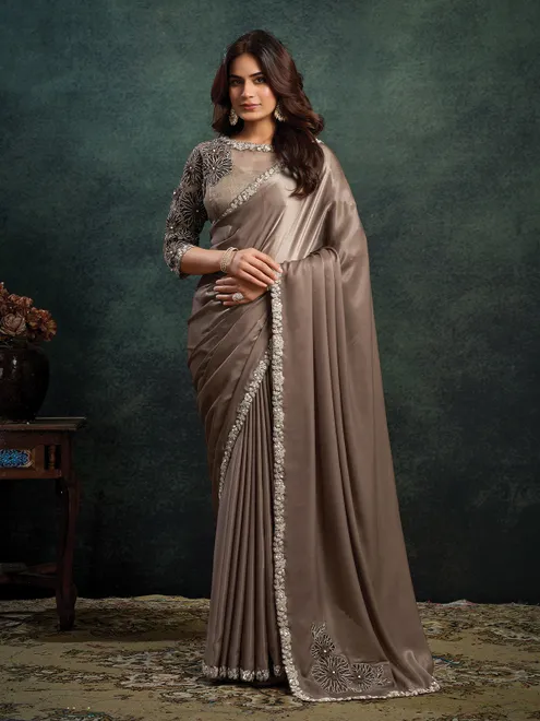 Dark beige designer embellished satin silk saree
