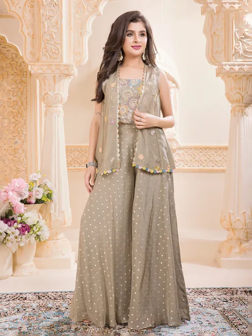 Dark beige georgette palazzo suit with jacket