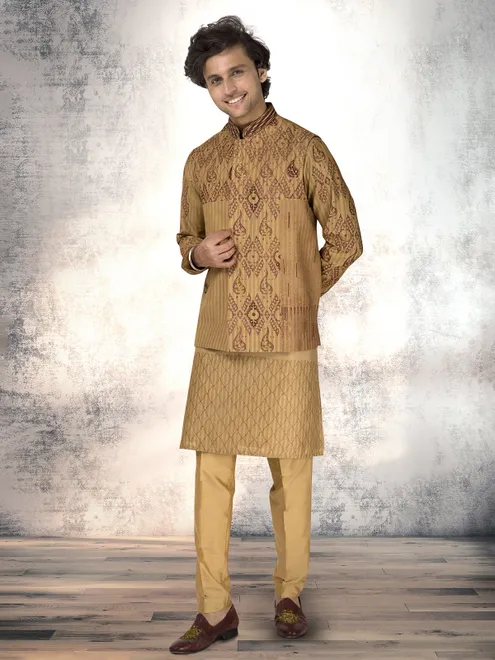 Dark beige munga silk block printed waistcoat set