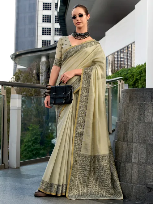 Dark beige saree in linen tissue silk
