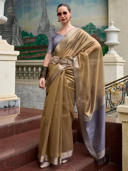 Dark beige saree with contrast border