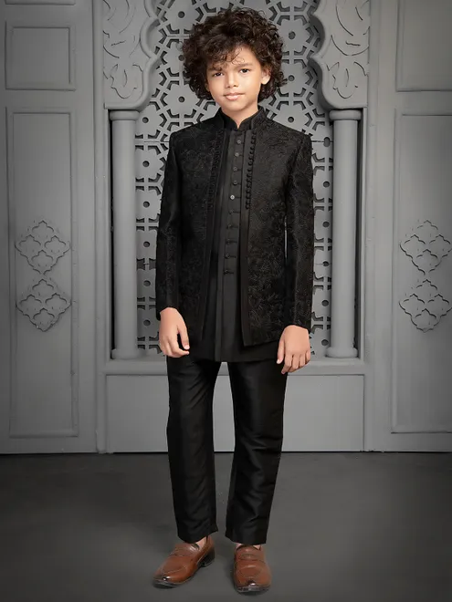 Dark Black charming indo western in raw silk for boys