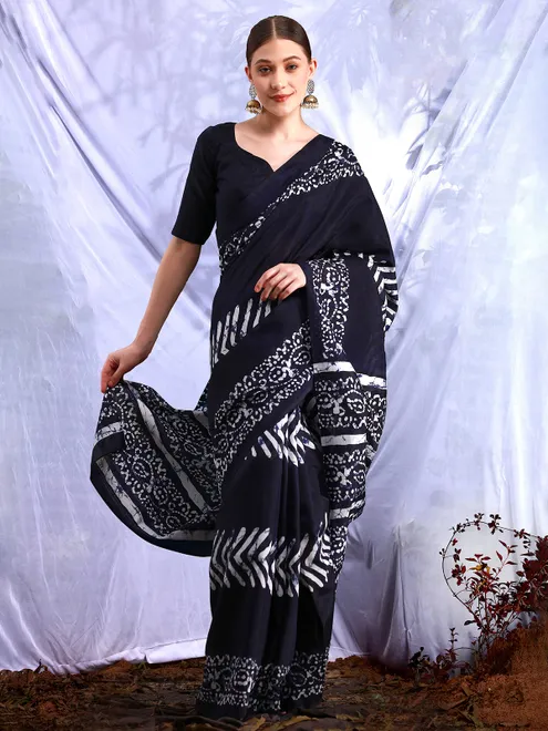 Dark blue bhagalpuri silk printed saree
