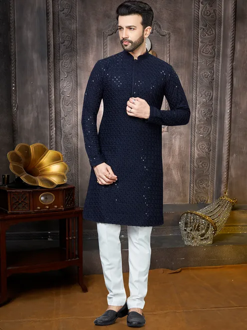 Dark blue georgette sequins kurta suit for men