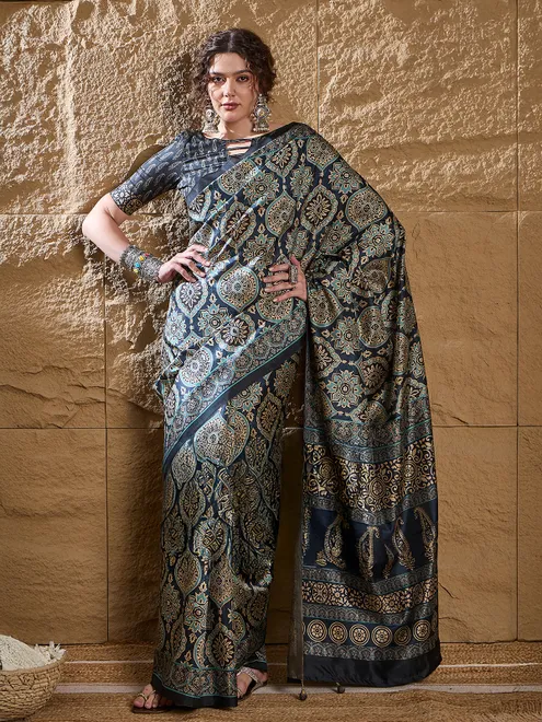 Dark blue printed saree in bhagalpuri silk