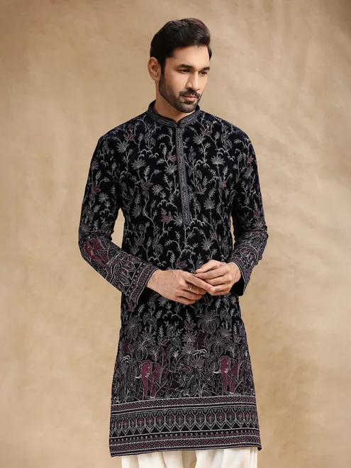 Dark blue velvet kurta pajama with shimmering resham work