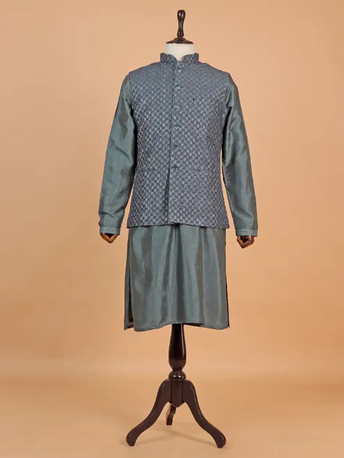 Dark bottle green silk waistcoat set for man