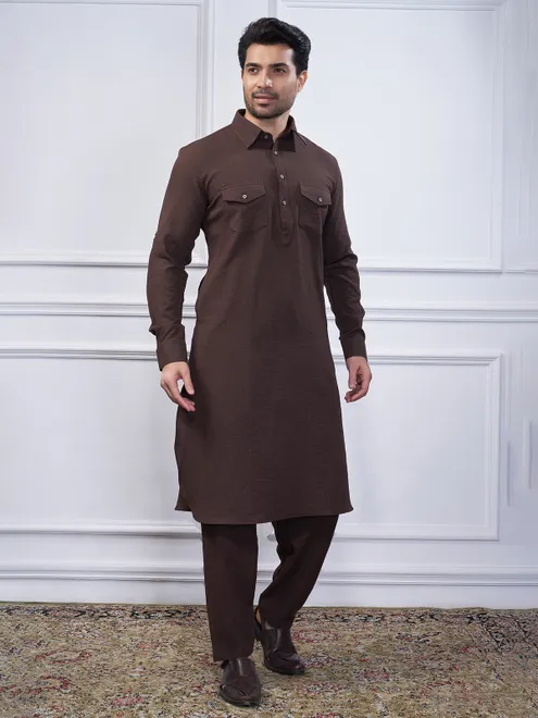 Dark brown cotton plain mens pathani suit