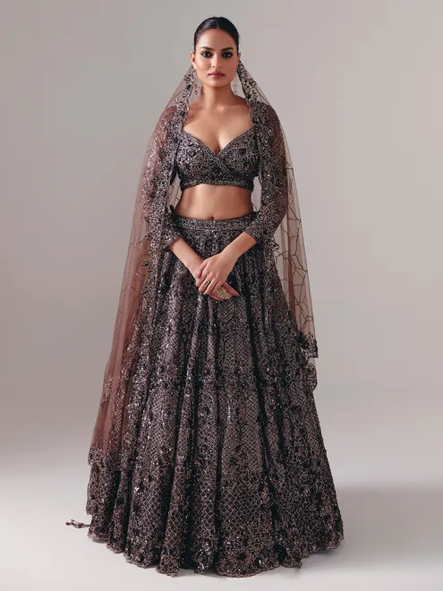 Dark brown net designer lehenga choli with dupatta
