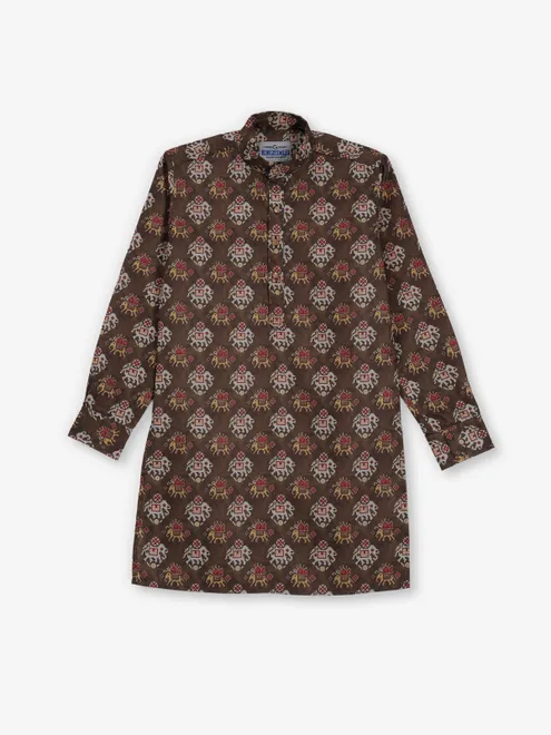 Dark brown printed cotton silk kurta