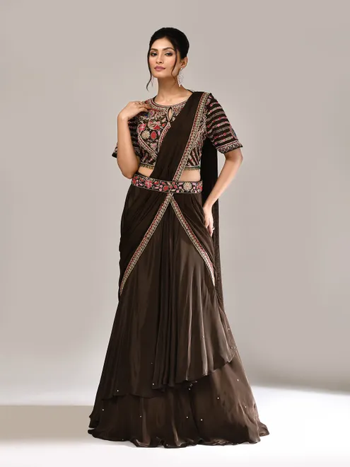 Dark brown silk lehenga choli with attached dupatta