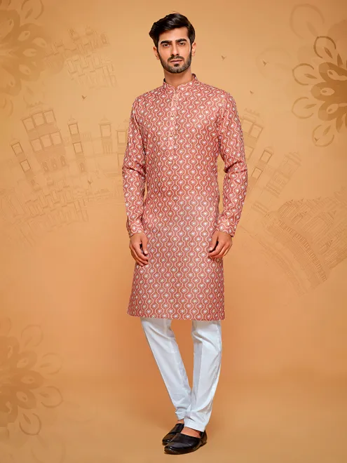 Dark coral brown printed full sleeve kurta suit for men