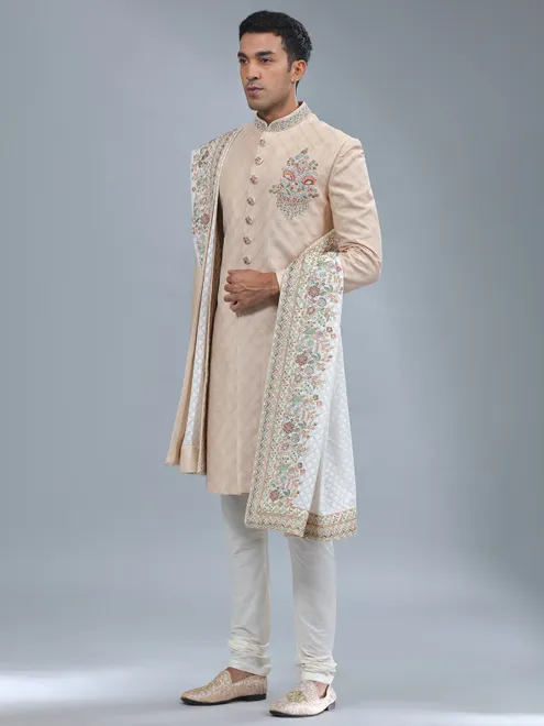 Dark cream silk sherwani for wedding