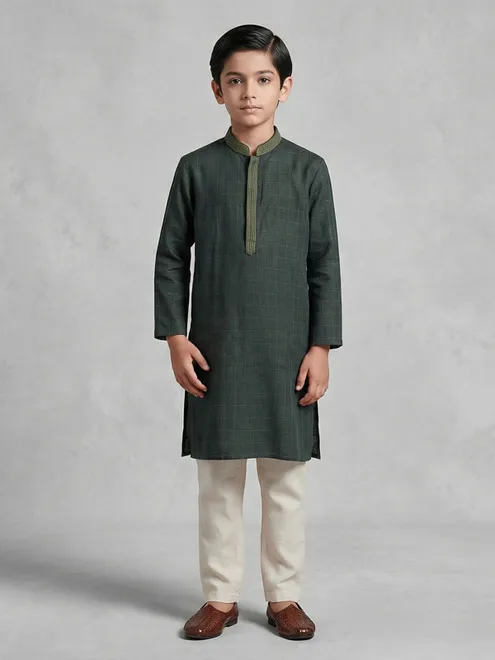 Dark green checks cotton silk festive kurta suit