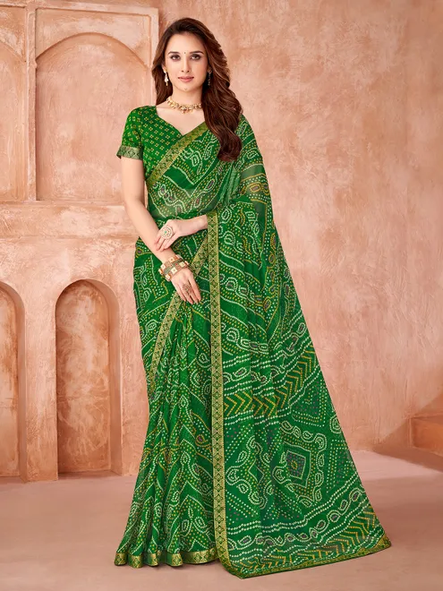 Dark green chiffon festive wear saree for women