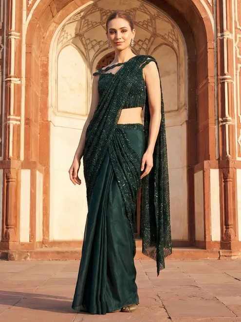 Dark green chiffon georgette ready to wear saree with sequins sparkle