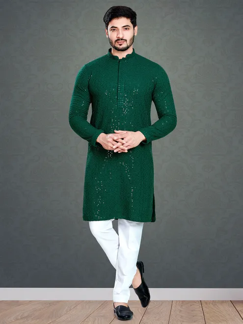 Dark green cotton  Men Kurta pajama with embroidery