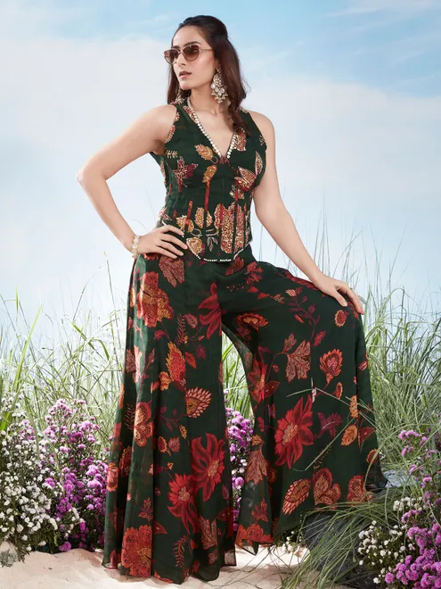 Dark green digital floral aabla work palazzo suit