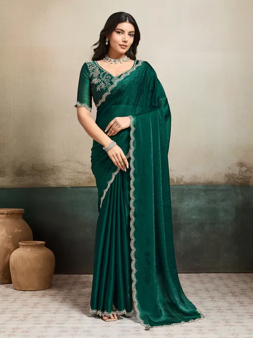 Dark green fandy chiffon saree with stones