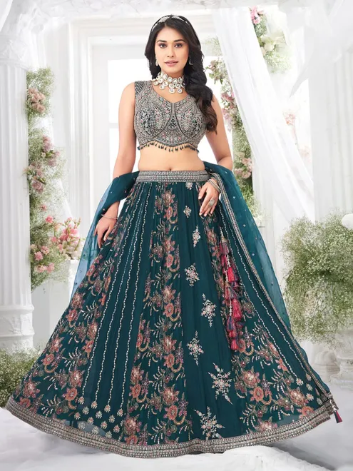 Dark green georgette lehenga choli for weddings
