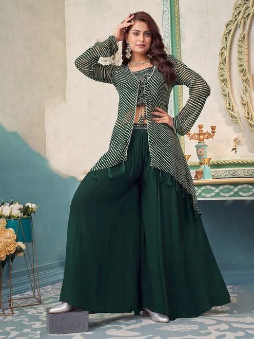 Dark green jacket style palazzo suit in georgette