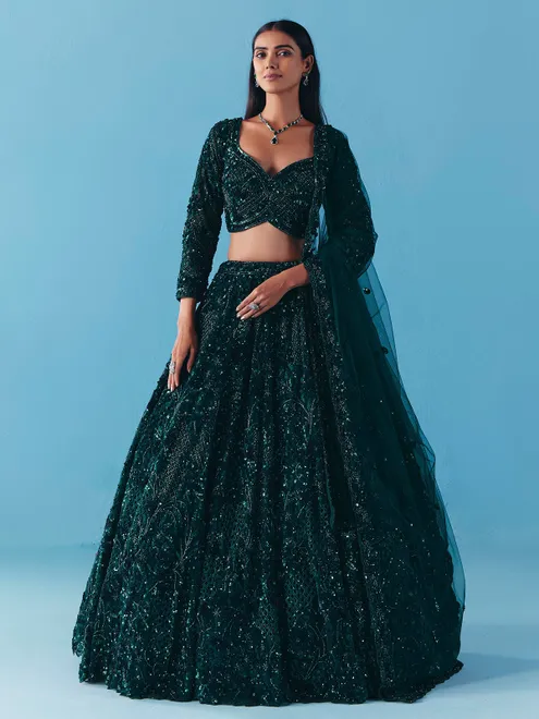 Dark green net lehenga choli with stone and sequins detail