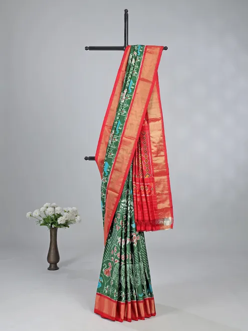 Dark green patola silk saree for mehendi ready