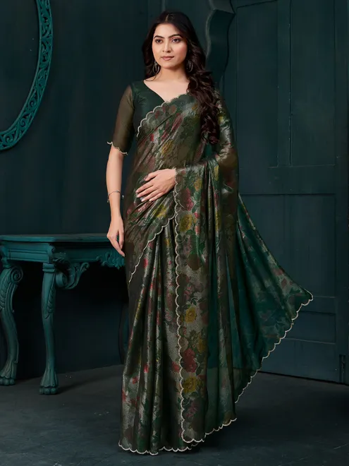 Dark green printed chinon chiffon saree with diamonds