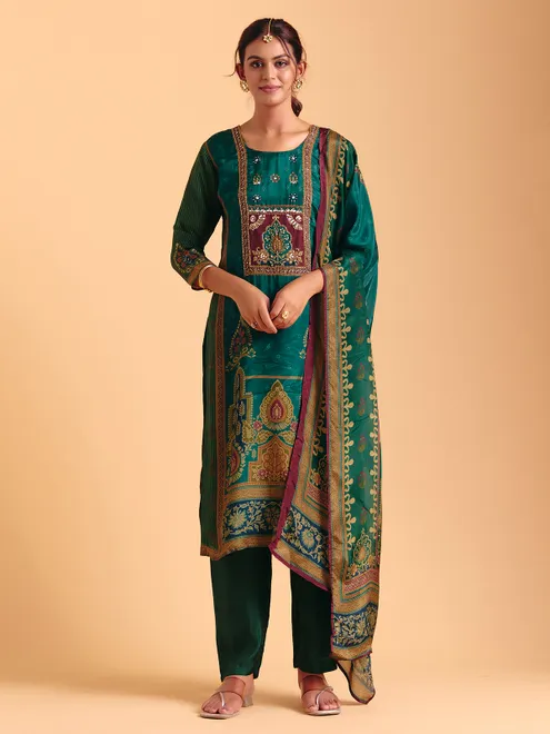Dark green printed silk salwar suit