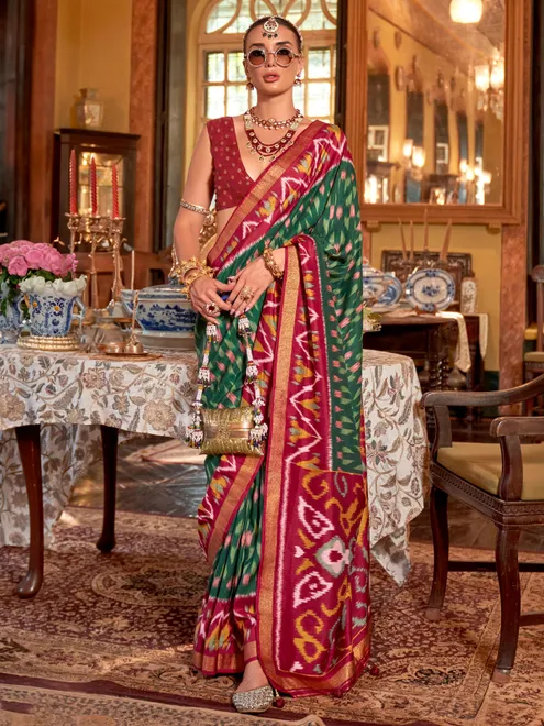 Dark green printed silk saree with maroon border