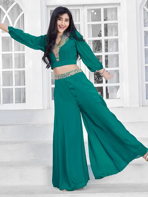 Dark green silk festive wear palazzo suit for girls