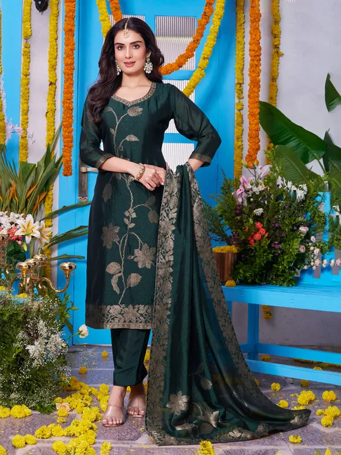 Dark green silk zari worked salwar suit
