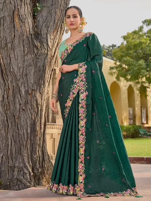 Dark green tissue organza silk saree