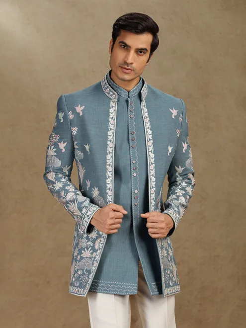 Dark grey cotton indo western for wedding wear