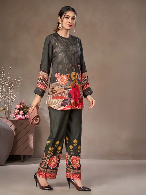 Dark grey floral printed crepe silk co-ord set