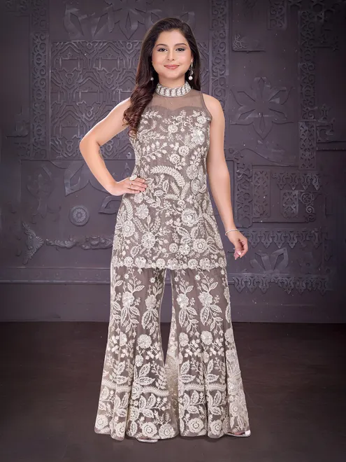 Dark grey net halter neck designer palazzo suit